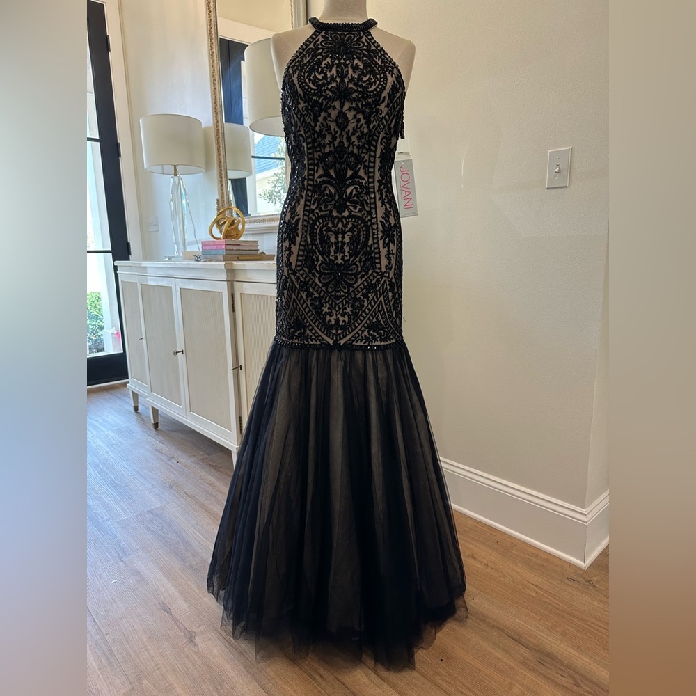 Jovani Black Beaded Mermaid Tulle Gown